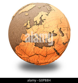Europe on 3D model of wooden planet Earth with oceans made of cork and ...