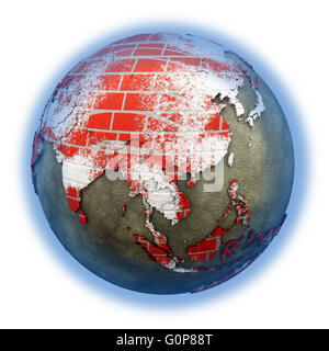 Southeast Asia on brick wall model of planet Earth with continents made ...