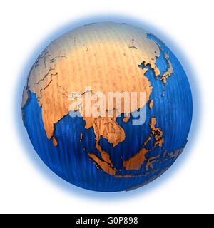 Southeast Asia on wooden model of planet Earth with embossed continents ...