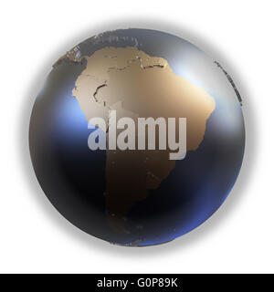 South America on elegant metallic model of planet Earth with blue ocean ...