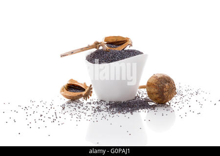 Poppy seeds in white bowl isolated on white background. Stock Photo