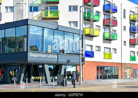 East London England UK new Dagenham Library & adjacent partnership development 82 homes in apartment blocks at Heathway within Becontree Estate area Stock Photo