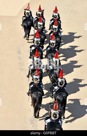 Aerial view looking down on Household Cavalry at Hyde Park Corner returning from changing guard ceremony at Horse Guards Parade London England UK Stock Photo