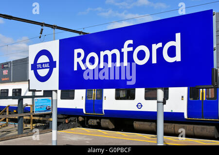 Romford London UK suburban train station new (2015) blue sign by TFL prior to changes to the 'Elizabeth Line' when crossrail begins operating Stock Photo