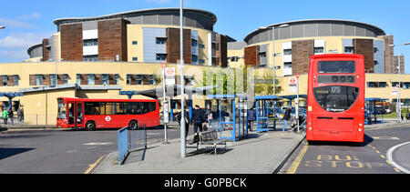 Public patient transport logistics via tfl for people waiting at bus stop Queens General Hospital Romford East London Borough of Havering England UK Stock Photo