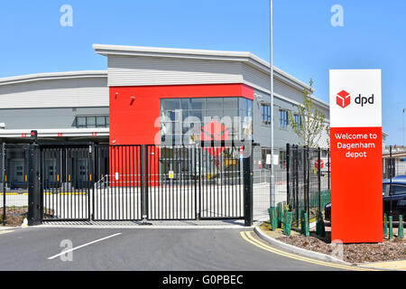 Transportation logistics DPD secure parcel sorting & distribution depot with warehouse entrance Dagenham East London England UK with welcome sign Stock Photo