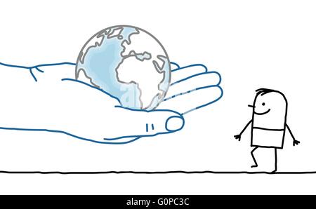 big hand and cartoon character - Earth and man Stock Vector