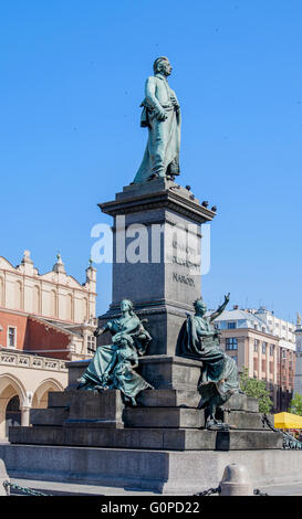 Monument of Adam Mickiewicz, Polish national romatic poet and dramatist on Main Market Square in Krakow, Poland. Stock Photo