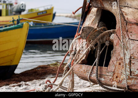 Old boat propeller tied ropes. Closeup shot. Stock Photo