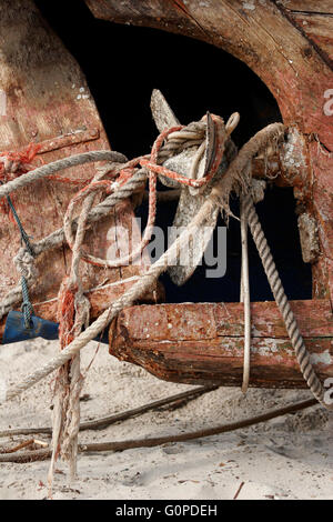 Old boat propeller tied ropes. Closeup shot. Stock Photo