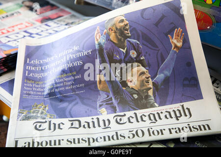 3 May 2016 - The Daily Telegraph's front cover story on Leicester City winning the Premier League title Stock Photo