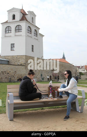 Litomerice, Czech Republic. 03rd May, 2016. CapaSitty (smart bench) responds to the increasing need to be online and charge smart devices everywhere. These devices are discharged much more quickly than classical phones. CapaSitty provides wireless internet connection and allows to charge mobile devices via the USB port or cable-free induction. At the same time it monitors air quality. All its functions are supplied by solar energy only in Litomerice, Czech Republic, May 3, 2016. © Ondrej Hajek/CTK Photo/Alamy Live News Stock Photo