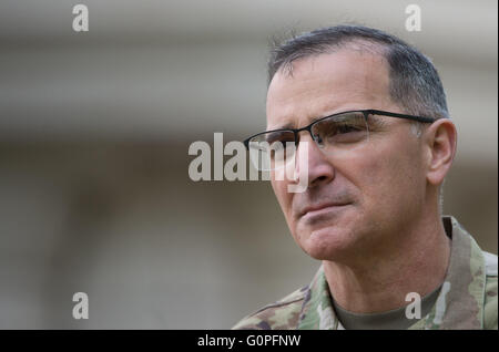 Stuttgart, Germany. 03rd May, 2016. US Army General Curtis Scaparrotti, new commanding officer of US and NATO troups in Europe, seen during a press conference held after the change in command at the United States European Command (EUCOM), in Stuttgart, Germany, 03 May 2016. Photo: MARIJAN MURAT/dpa/Alamy Live News Stock Photo