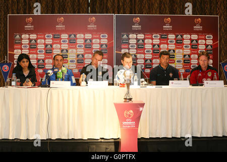 Baku, Azerbaijan. 04th May, 2016. The Group A coaches – (L-R) Tabriz Hasanov (Azerbaijan), Thierry Siquet (Belgium), Hélio Sousa (Portugal), and Scot Gemmill (Scotland) attends the pre-tournament press conference during a UEFA European Under-17 Championship in Azerbaijan press conference at the Boulevard Hotel Baku. Credit:  Aziz Karimov/Pacific Press/Alamy Live News Stock Photo