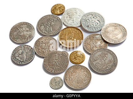 Collection of the medieval coins on the white background Stock Photo
