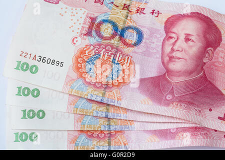 Close up view of chinese currency banknotes hundred yuan Stock Photo
