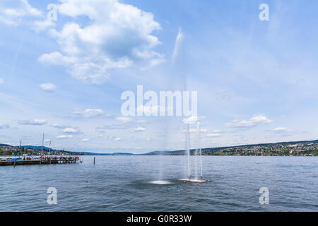 Panorama view of fountain on Zurich Lake at the pier in Horgen, Caonton of Zurich, Switzerland. Stock Photo