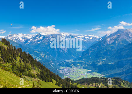 Panorama view on the hiking path on Bernese Oberland with mountain range of the alps, Switzerland. Stock Photo