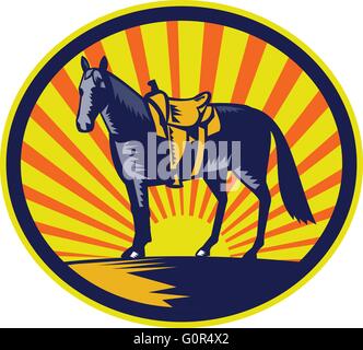 Illustration of a riderless horse with old style western saddle on ranch fence set inside oval shape with sunburst in background done in retro woodcut style. Stock Vector