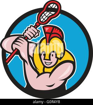 Illustration of a gladiator lacrosse player wearing spartan helmet holding lacrosse stick viewed from front set inside circle done in cartoon style. Stock Vector