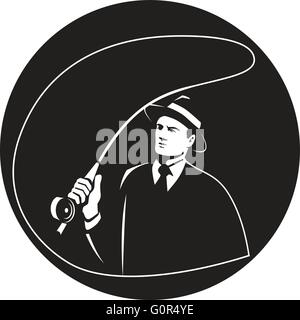 Illustration of a mobster gangster fly fisherman wearing suit, tie and hat fishing casting fly rod set inside circle on isolated background done in retro style. Stock Vector