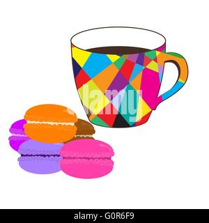 Mosaic cup of coffee with colored macaroons Stock Vector