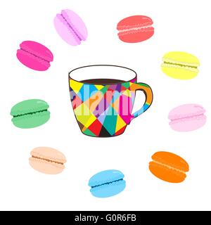 Mosaic cup of coffee with colored macaroons on white background Stock Vector
