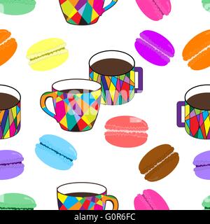 Nice pattern with mosaic cup and colored macaroons on white background Stock Vector
