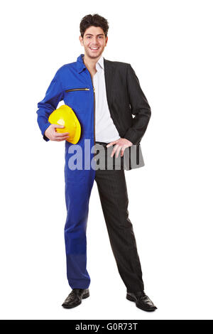 Young man standing half in a jump suit and business clothing Stock Photo