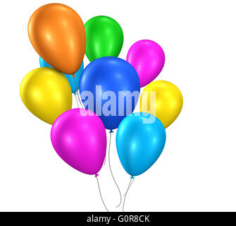 Colorful balloons party and happy birthday floating balloons for anniversary and events decoration 3D illustration on white. Stock Photo