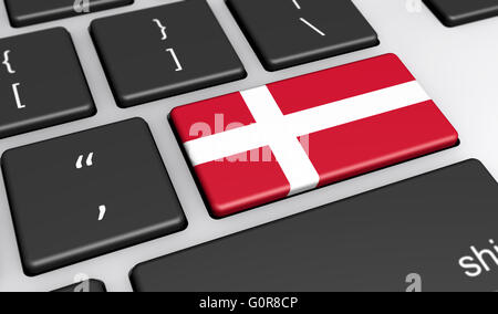 Denmark digitalization and use of digital technologies concept with the Danish flag on a computer key 3D illustration. Stock Photo