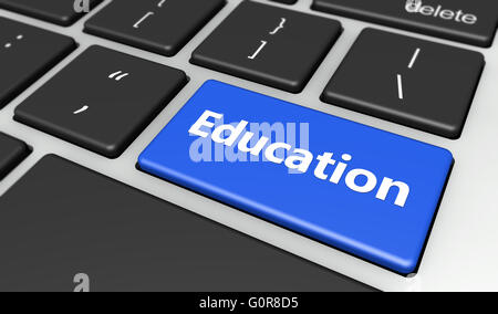 Online education and elearning concept with education sign and word on a blue computer key 3D illustration. Stock Photo