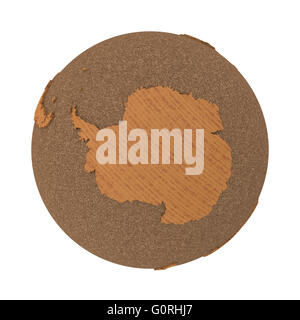 Antarctica on 3D model of wooden planet Earth with oceans made of cork ...