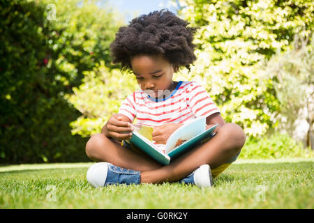 Boy reading a book in a park Stock Photo