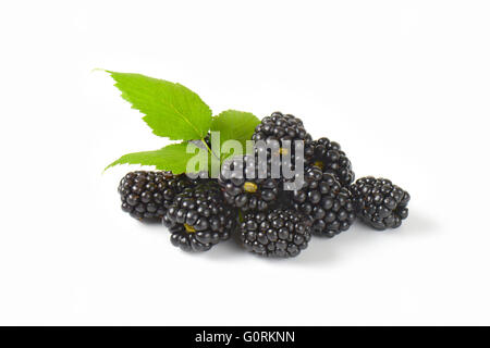 Fresh ripe blackberries and leaves on white background Stock Photo