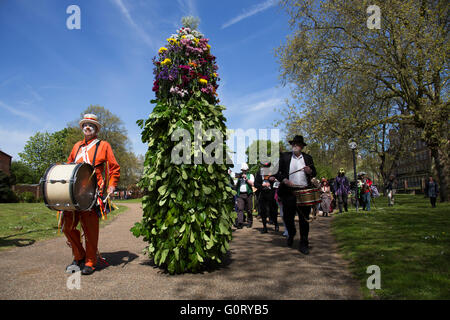 May Day custom of Deptford Jack in the Green, a man encased in a framework entirely covered with greenery, is one of the lesser-known modern revivals by the Blackheath Morris Men of English traditional customs on May 1st 2016 in London, United Kingdom. The procession begine, working its route through Deptford. Fowlers Troop Jack in the Green was revived in the early 1980s. Originally a revival from about 1906, it developed from the 17th Century custom of milkmaids going out on May Day with the utensils of their trade, decorated with garlands of flowers and piled into a pyramid which they carri Stock Photo