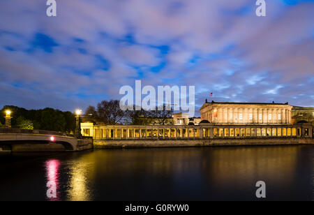 Night view of Alte Nationalgalerie on Museumsinsel (Museum Island) across Spree river Mitte Berlin Germany Stock Photo
