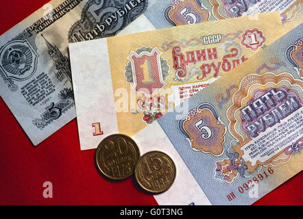 Paper currency and coins from Russian Federation; former Soviet Union; USSR; Russia Stock Photo
