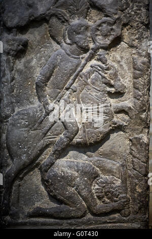 Hexham  market town civil parish Northumberland  Roman tomb stone the man riding in triumph over his enemy is called Flavinus. H Stock Photo