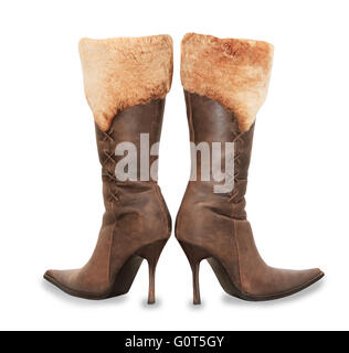 Brown high heels suede woman boots isolated over white Stock Photo