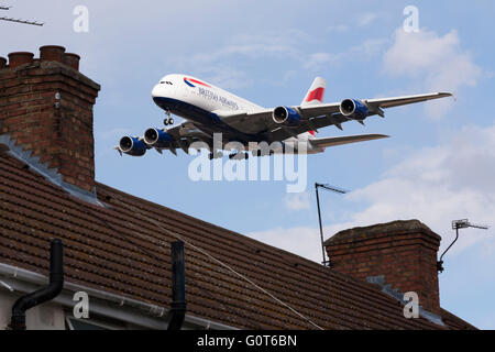 British Airways Airbus A380-841, registration / tail number G-XLEK approaching Heathrow airport, London. UK. Stock Photo