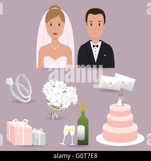 Wedding shower set with bride, groom and wedding reception invitation. Vector illustration Stock Vector