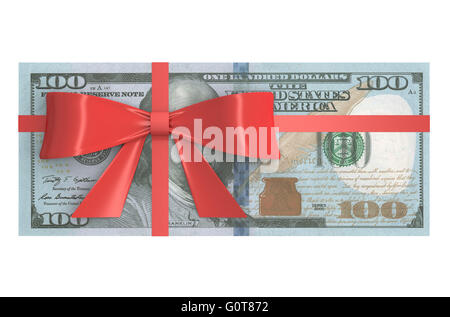 Wad of 100 Dollars banknotes with red bow, gift concept. 3D rendering Stock Photo