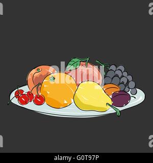 A plate with summer fruit isolated on a dark background. Hand-drawn sketch. Art vector illustration for design of shop window. Stock Vector