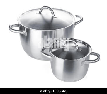 Two stainless steel pots. Isolated on white background Stock Photo