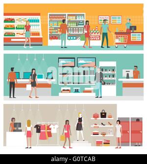 Supermarket, electronics store and clothing shop banner set with people shopping and buying products on shelves Stock Vector