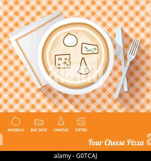 Four cheese pizza on a dish with icon ingredients and recipe name at bottom Stock Vector