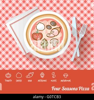 Four seasons pizza on a dish with icon ingredients and recipe name at bottom Stock Vector