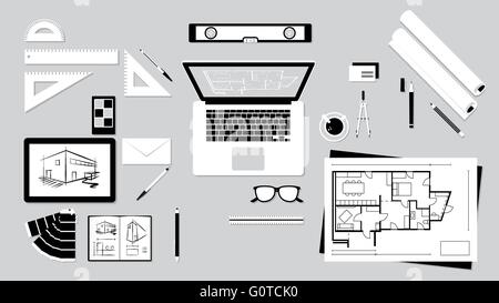 Architect and designer desk with tools, tablet and computer Stock Vector