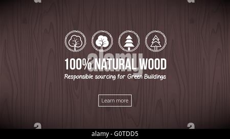 Natural wood banner with textured background and icons set Stock Vector